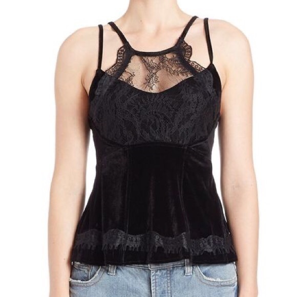 FREE PEOPLE BLACK LACE/CRUSHED VELVET TOP- XS - Picture 2 of 6